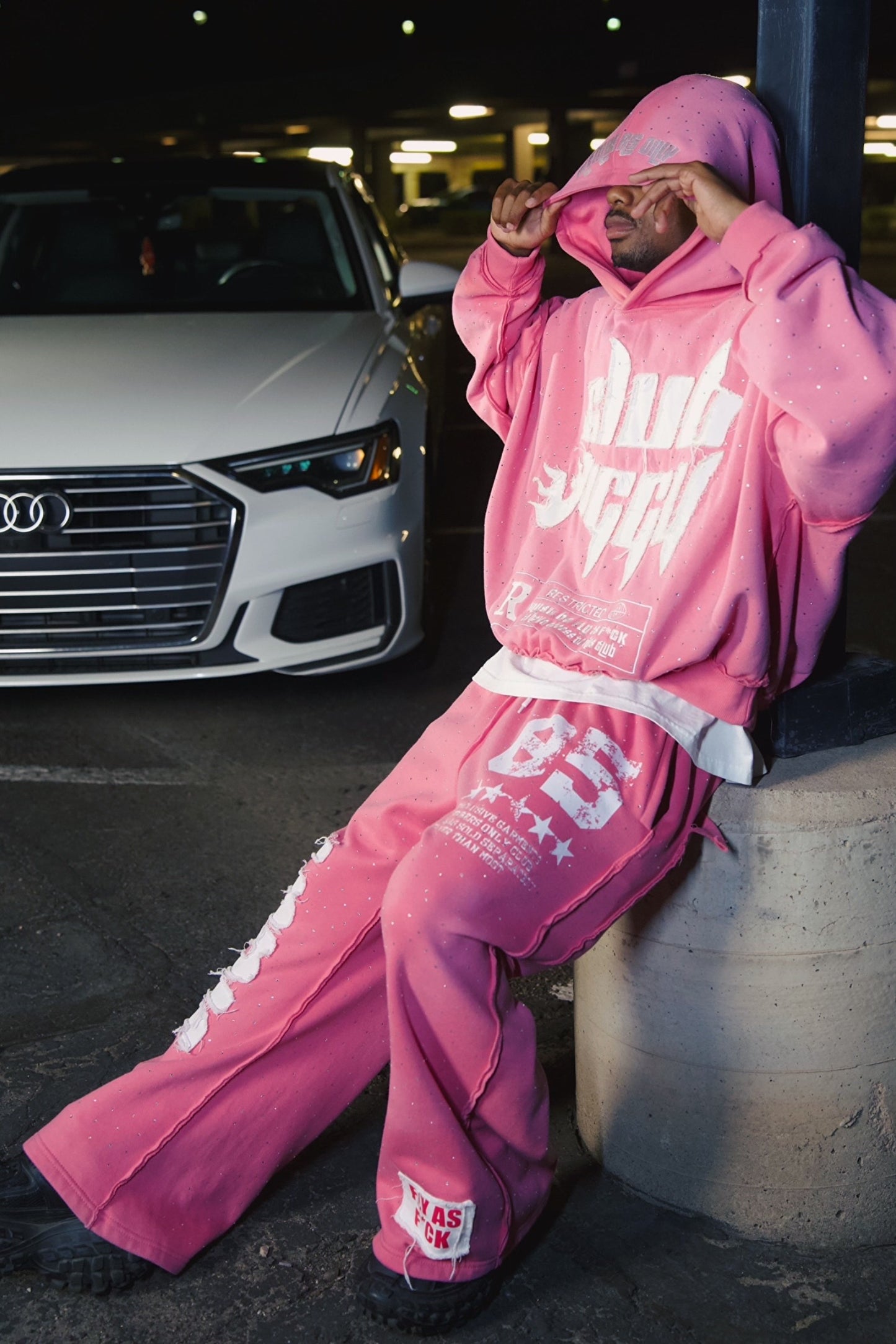PINK BAGGY RHINESTONE SWEATS